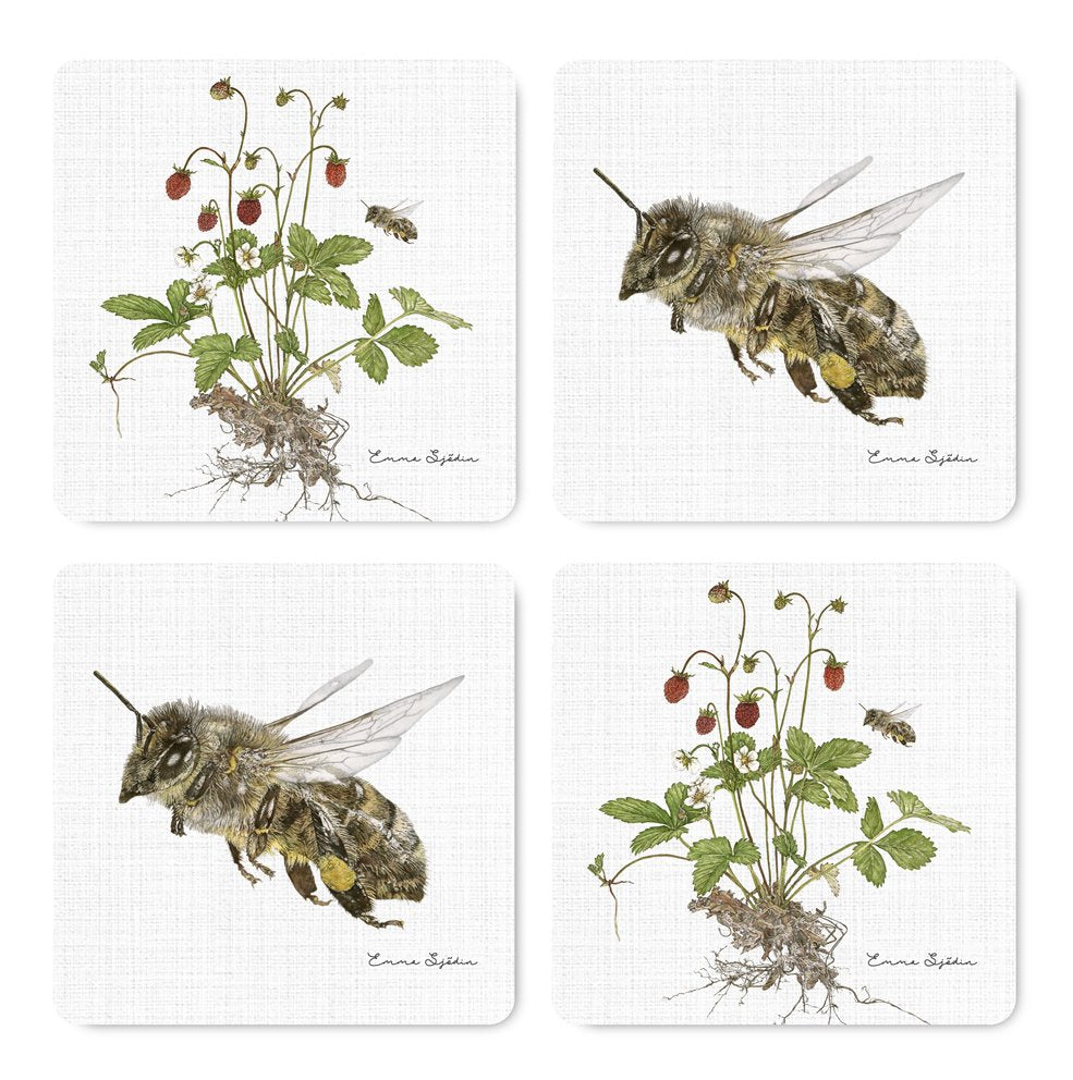 Emma Sjodin: 4 Piece Coasters, Woodland Strawberry/Honey Bee