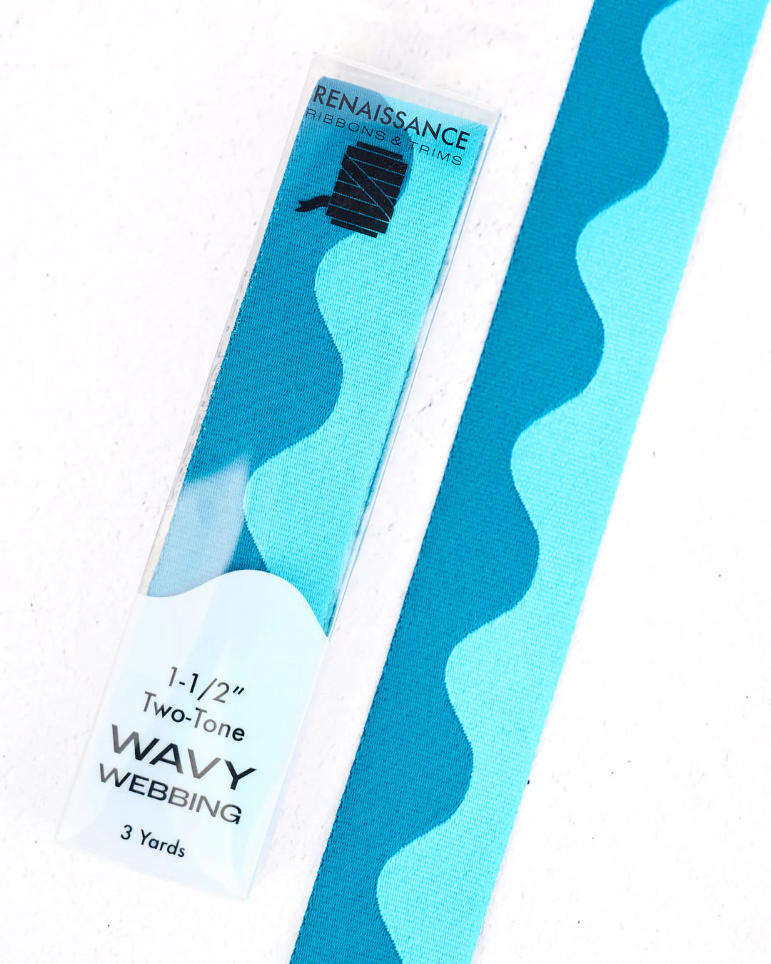 1.5-inch two-tone wavy webbing in teal, 3 yards long, ideal for crafts and decorations.