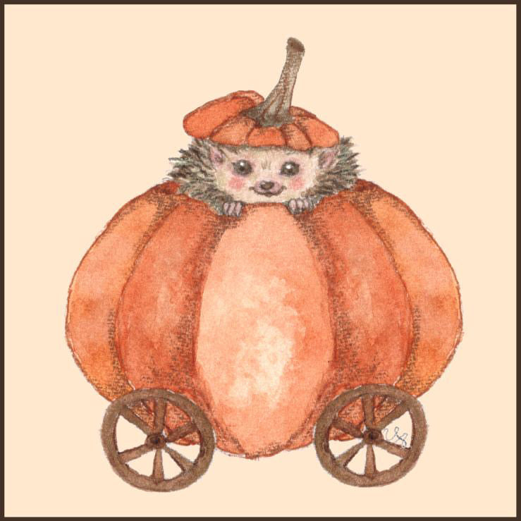 Cute watercolor hedgehog in a pumpkin cart, orange color, whimsical fall decor illustration.