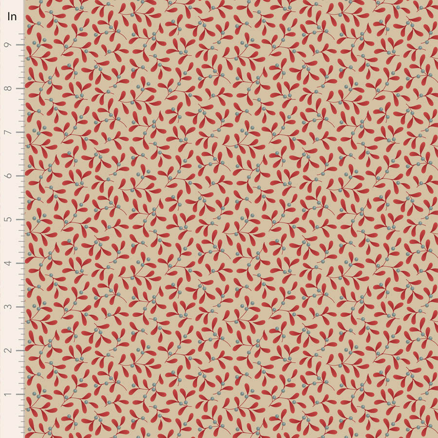 Beige fabric with red and blue floral leaf pattern, perfect for sewing and crafting projects.