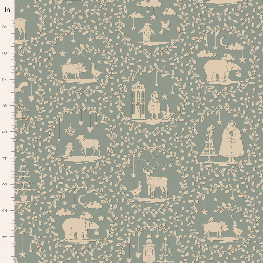 Vintage-style fabric featuring whimsical woodland scenes in cream on a soft green background.