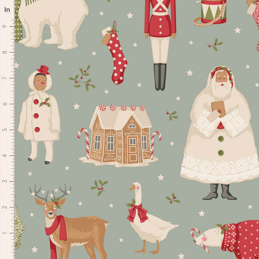Festive winter fabric with Santa, gingerbread house, and animals on a soft blue background.