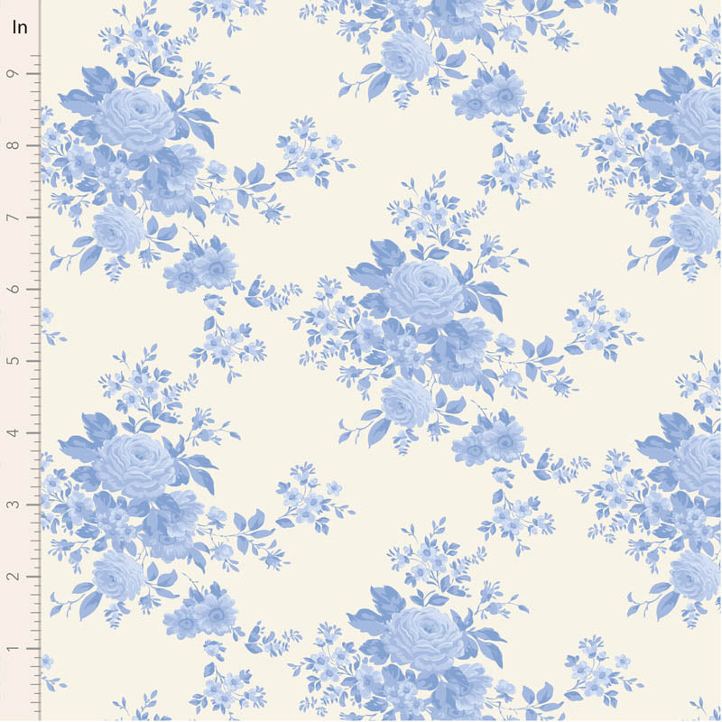 Light blue floral pattern fabric on cream background, ideal for sewing and home decor projects.