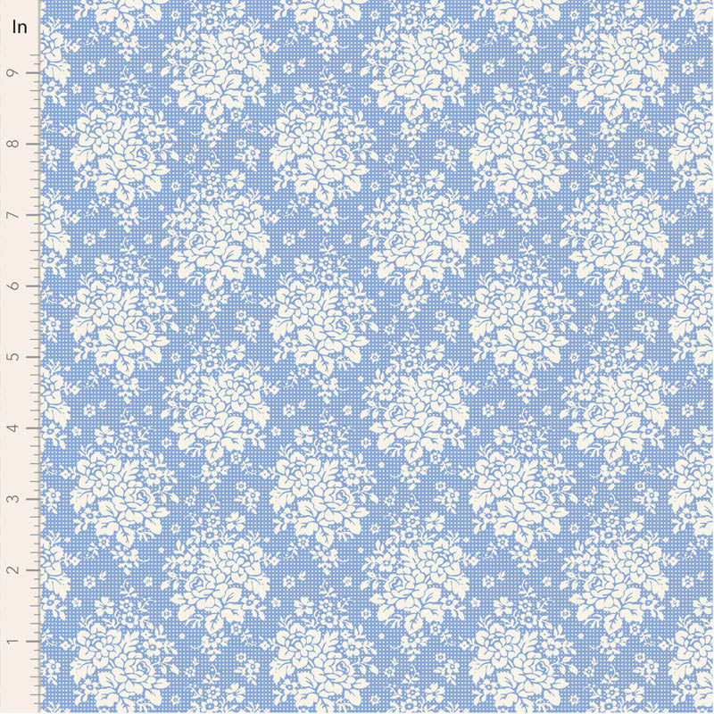 Light blue floral fabric with white roses, perfect for sewing and crafting projects.