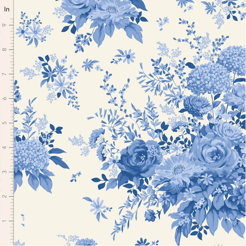 Floral cotton fabric in blue tones, featuring detailed flowers on a cream background, ideal for crafts and sewing projects.