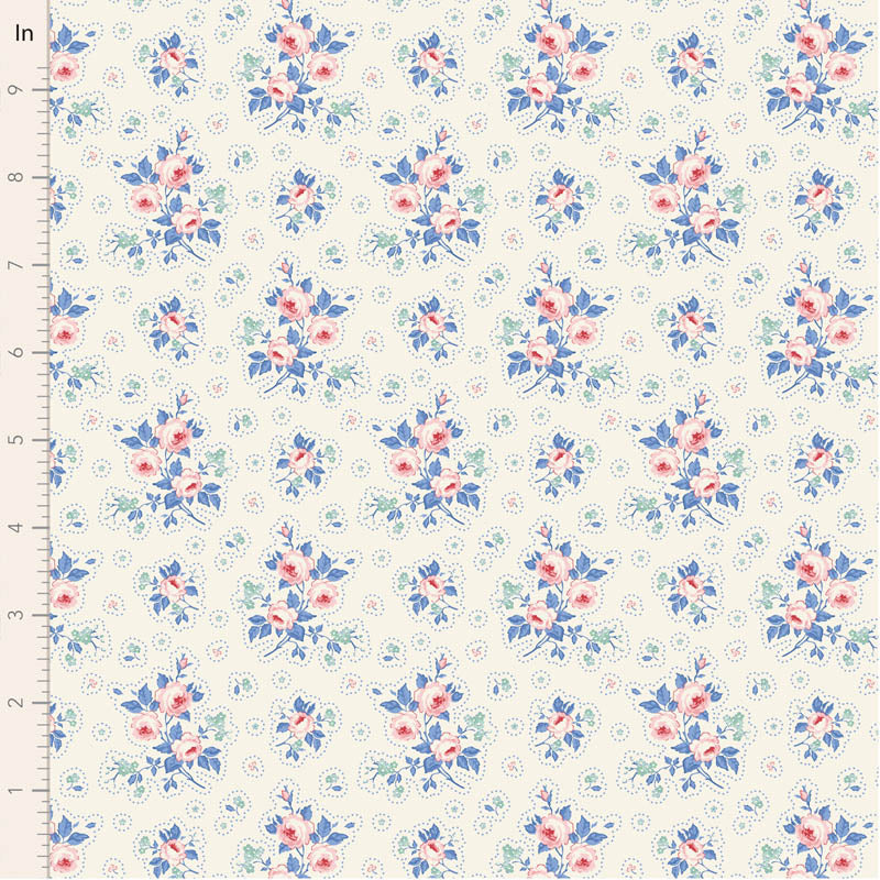 Floral pattern fabric in cream, featuring pink and blue flowers, perfect for quilting or sewing projects.