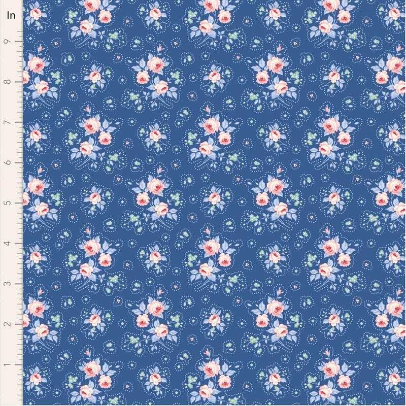 Navy floral fabric with pink roses and green accents, perfect for sewing and crafts.