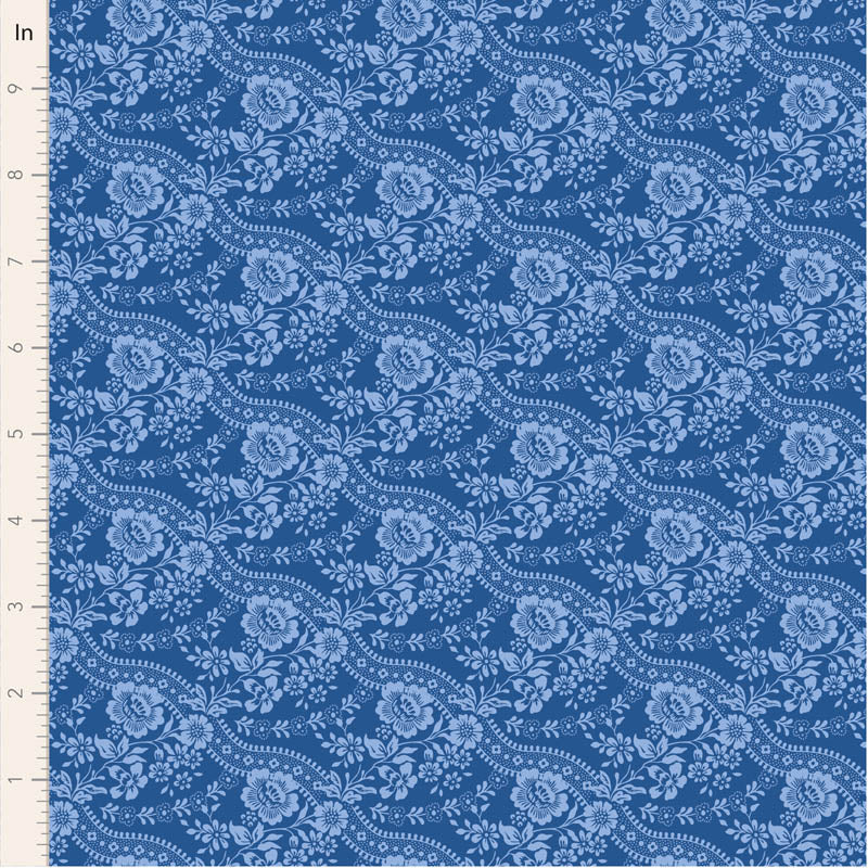 Blue floral pattern fabric, featuring intricate designs in light blue on a navy background.