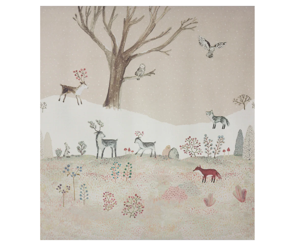 Whimsical forest scene wallpaper featuring deer, foxes, and greenery in soft pastel colors.