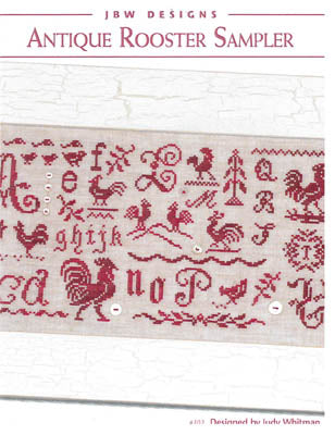 Antique Rooster Sampler by JBW Designs, featuring red embroidery on linen with rooster and floral motifs.
