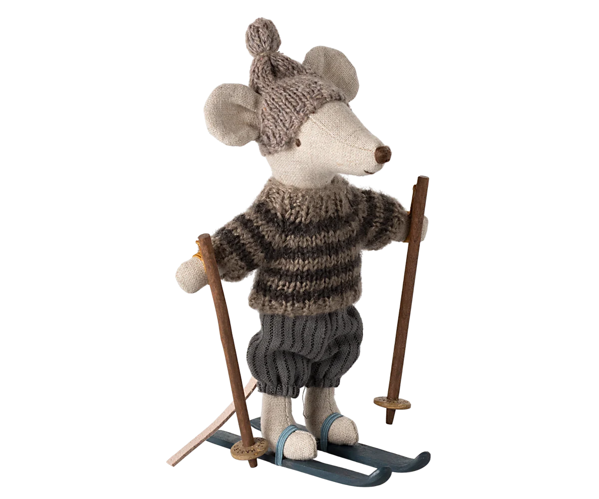 Maileg Winter Mouse with Ski Set, Big Brother Grey