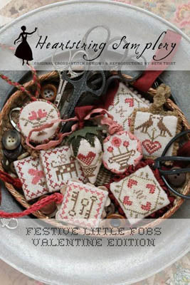 Heartstring Samplery Festive Little Fobs Valentine Edition, cross-stitch accessories in red and cream colors.