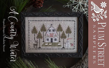 Cross-stitch pattern 'A Country Winter' featuring a snowy scene, house, and trees in muted colors.