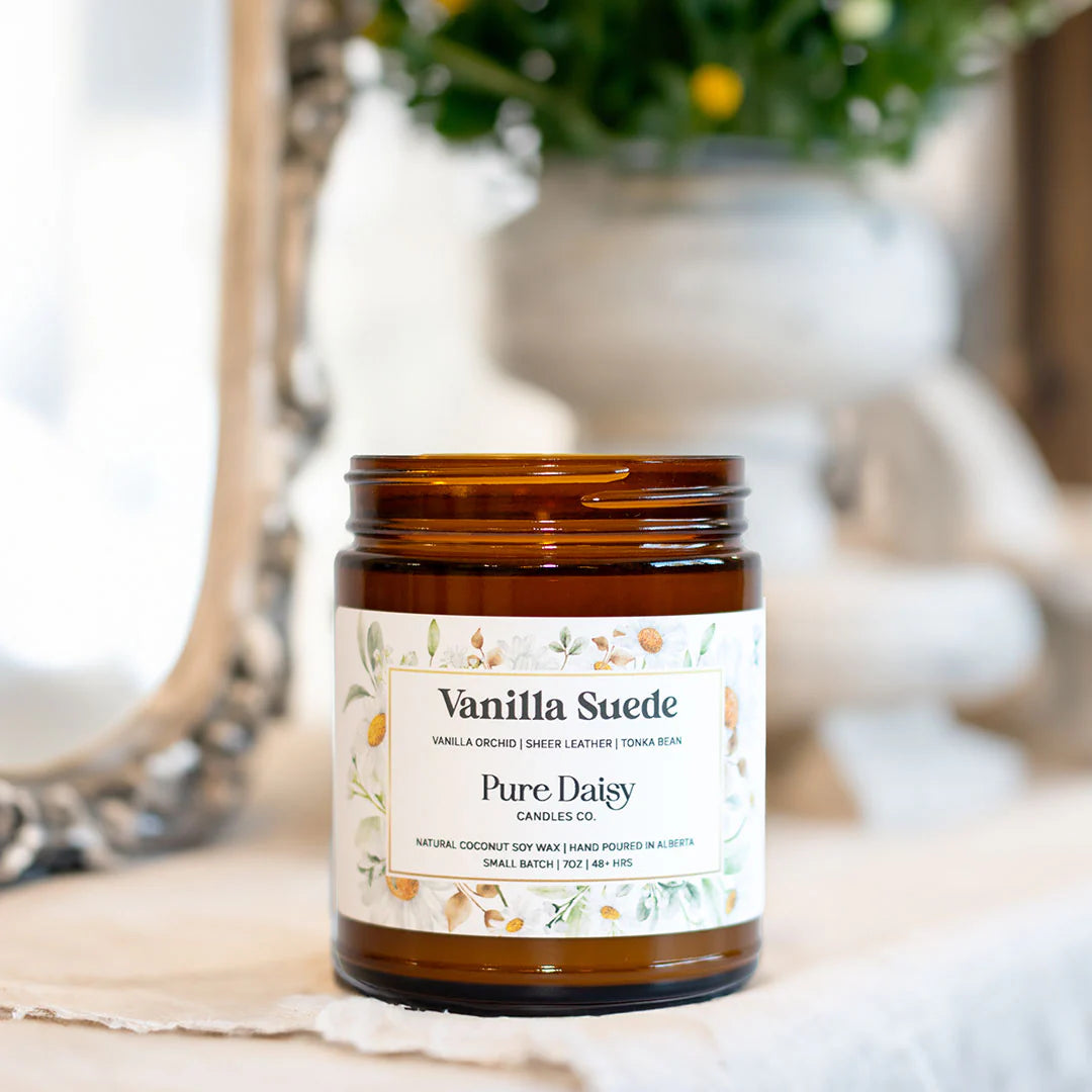 Vanilla Suede candle with natural coconut soy wax, 7 oz, handcrafted, lasting 48 hours.