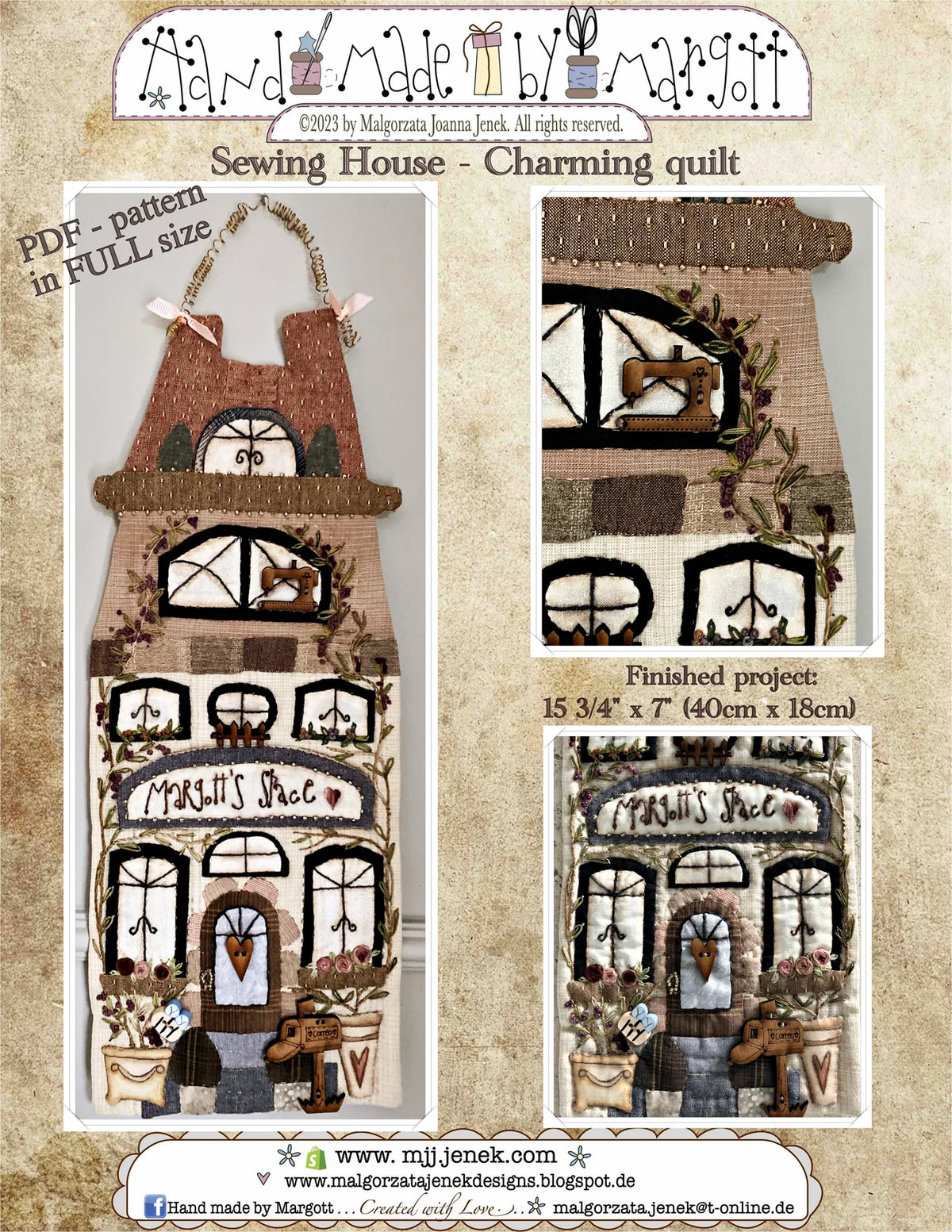PDF sewing pattern of a charming quilted sewing house in earthy tones, size 15 3/4" x 7".