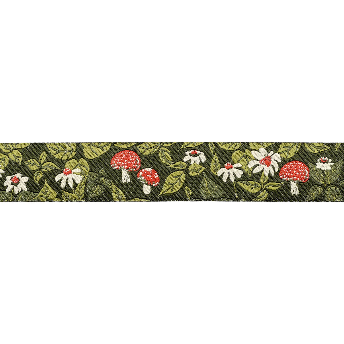 Beautiful green fabric ribbon featuring red mushrooms and white flowers with leafy accents.