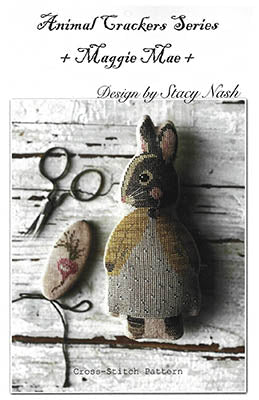Cross-stitch pattern featuring a bunny, part of Animal Crackers Series by Stacy Nash, includes sewing tools.