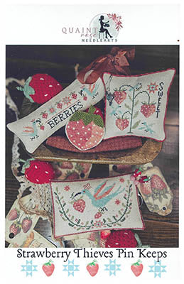 Quaint needlearts Strawberry Thieves pin keeps, featuring stitched strawberries, vibrant colors, and decorative designs.