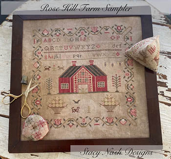 Rose Hill Farm Sampler by Stacy Nash Designs, framed embroidery, rustic farmhouse theme, red house and floral patterns.