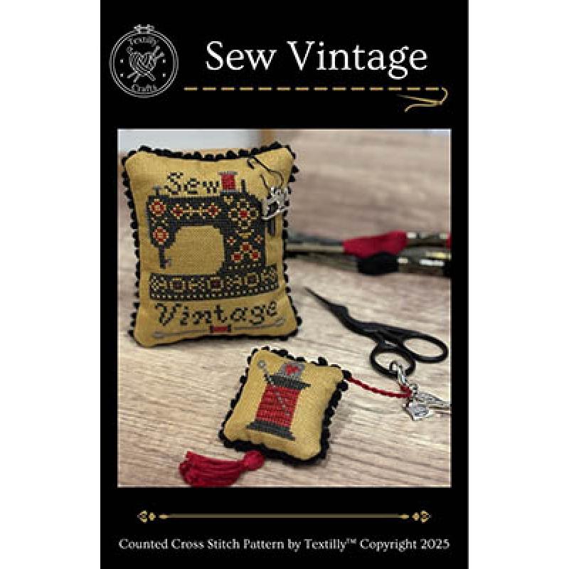Sew Vintage counted cross stitch pattern featuring a sewing machine design and a red spool, fabric, and scissors.