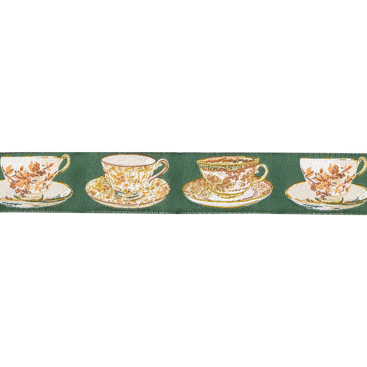 Elegant vintage tea cup ribbon design featuring four ornate cups on a green background.