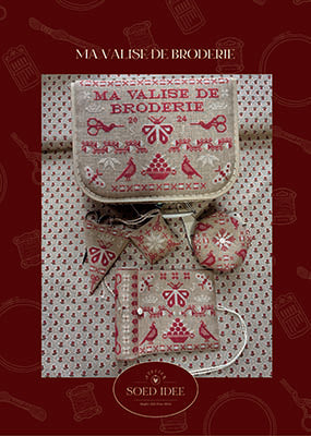 Embroidered sewing bag set in red and beige, featuring scissors and craft motifs, ideal for stitching enthusiasts.