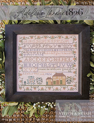 Framed cross-stitch pattern by Adeline Throne, 1826, featuring floral designs in soft colors.
