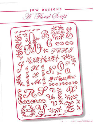 Red floral script cross-stitch pattern by JBW Designs featuring letters and decorative motifs.