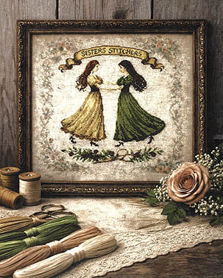 Framed cross-stitch artwork featuring two women in yellow and green dresses titled 'Sisters Stitchers'.