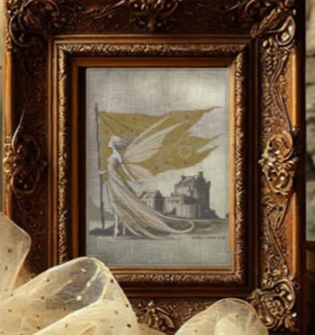 Framed art print of a fairy holding a flag, depicting a castle backdrop, elegant design in vintage style.