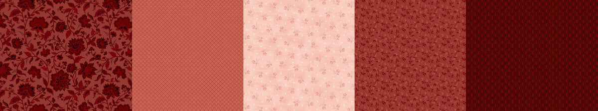 Collection of five red floral and geometric fabric patterns for quilting and crafting projects.