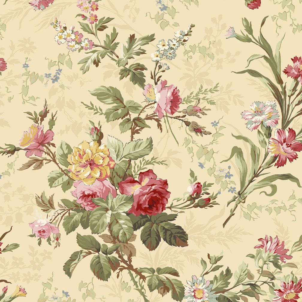 Floral fabric pattern featuring pink and yellow roses on a light beige background.