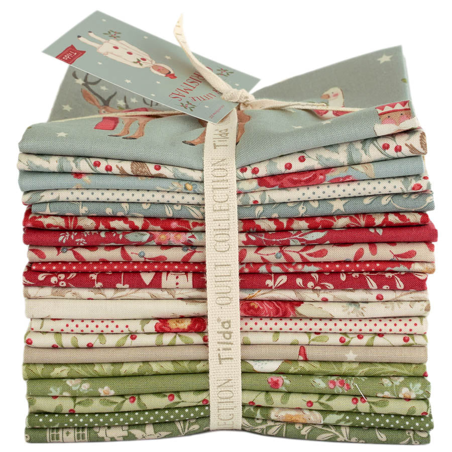 Tilda fabric bundle, 16 assorted cotton prints in seasonal colors: red, green, blue, featuring floral and festive designs.