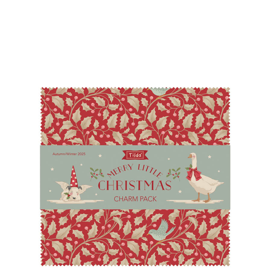 Tilda Merry Little Christmas Charm Pack, red and cream fabric with seasonal patterns, Autumn/Winter 2025 collection.