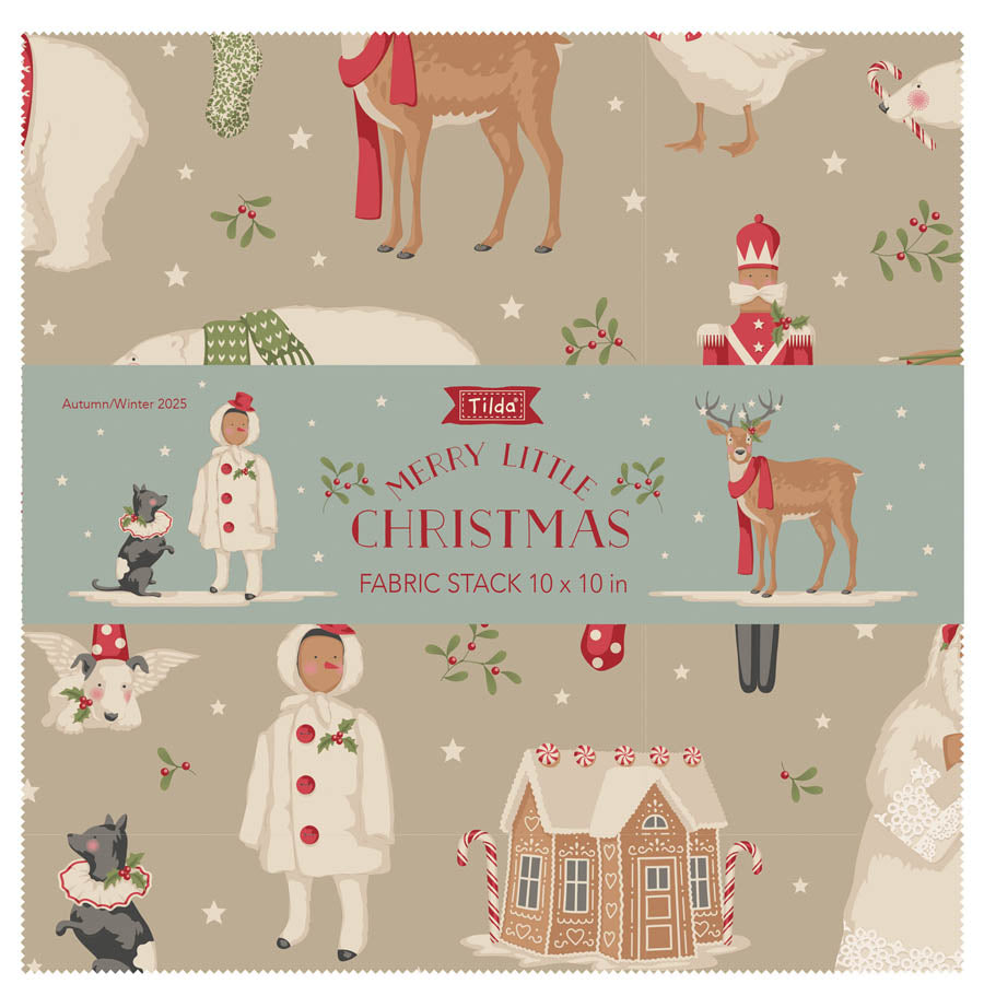 Tilda Merry Little Christmas fabric stack, 10x10 in, featuring holiday-themed prints in pastel colors.