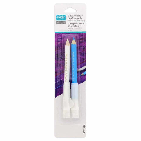 2 dressmaker chalk pencils in white and blue for fabric marking, ideal for sewing and tailoring tasks.