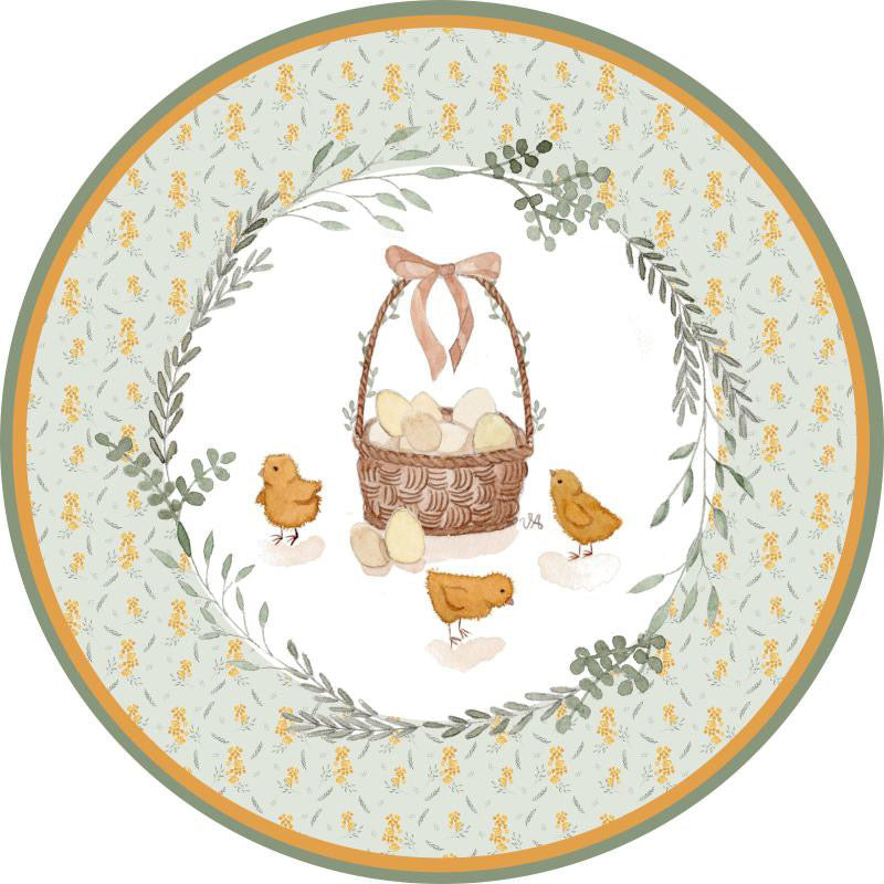 Vintage floral plate featuring a basket of eggs and cute chicks, multi-color, ceramic decorative dish.