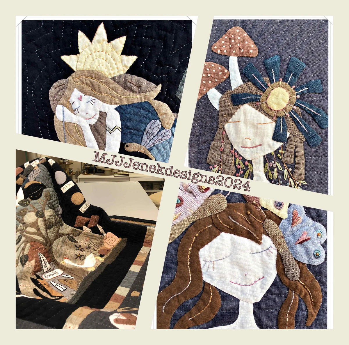 Whimsical quilt featuring handmade appliqué women designs in earthy tones and detailed floral accents.