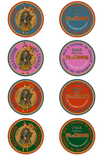 Vintage sewing thread labels, colorful, featuring ornate designs from Lille, France, ideal for collectors.