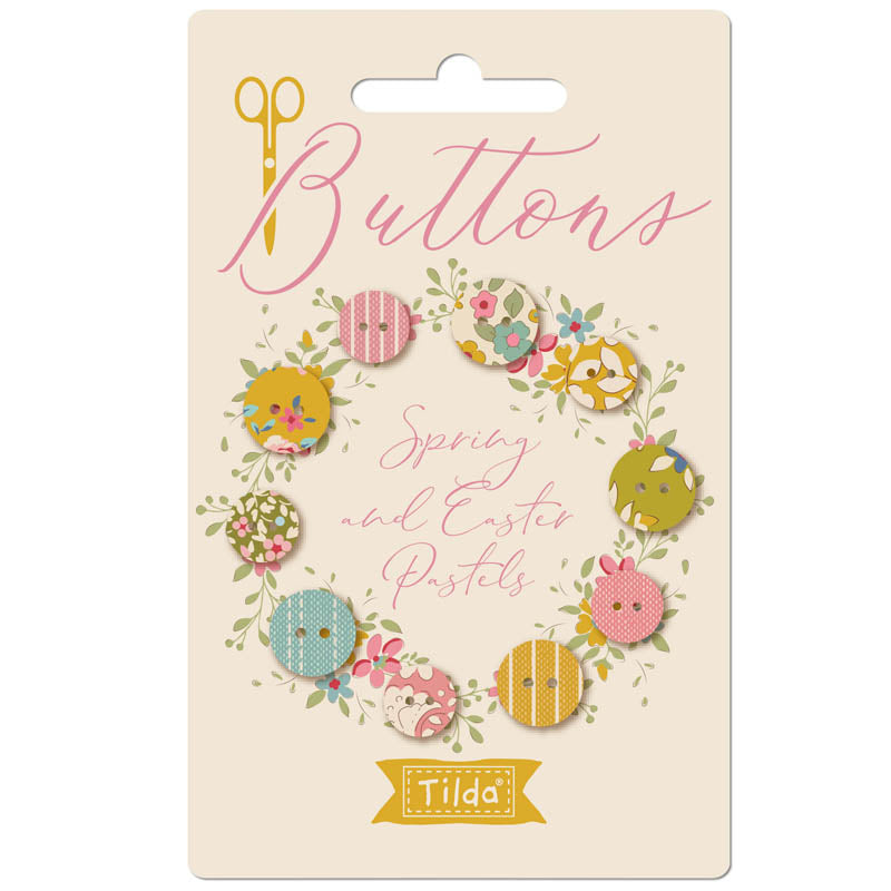 Tilda Spring and Easter pastel buttons set, featuring colorful floral designs and vibrant patterns.
