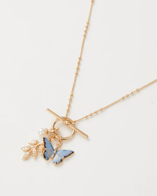 Fable England Blue Butterfly and Leaf Charm Necklace