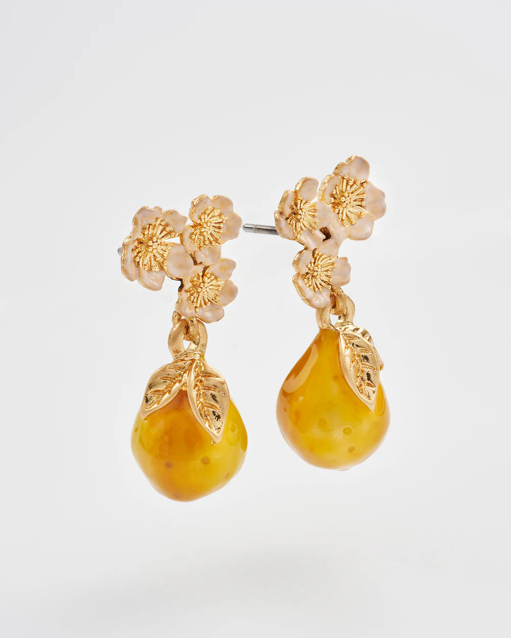 Charming gold earrings with floral design and yellow teardrop beads, perfect for adding a touch of elegance.