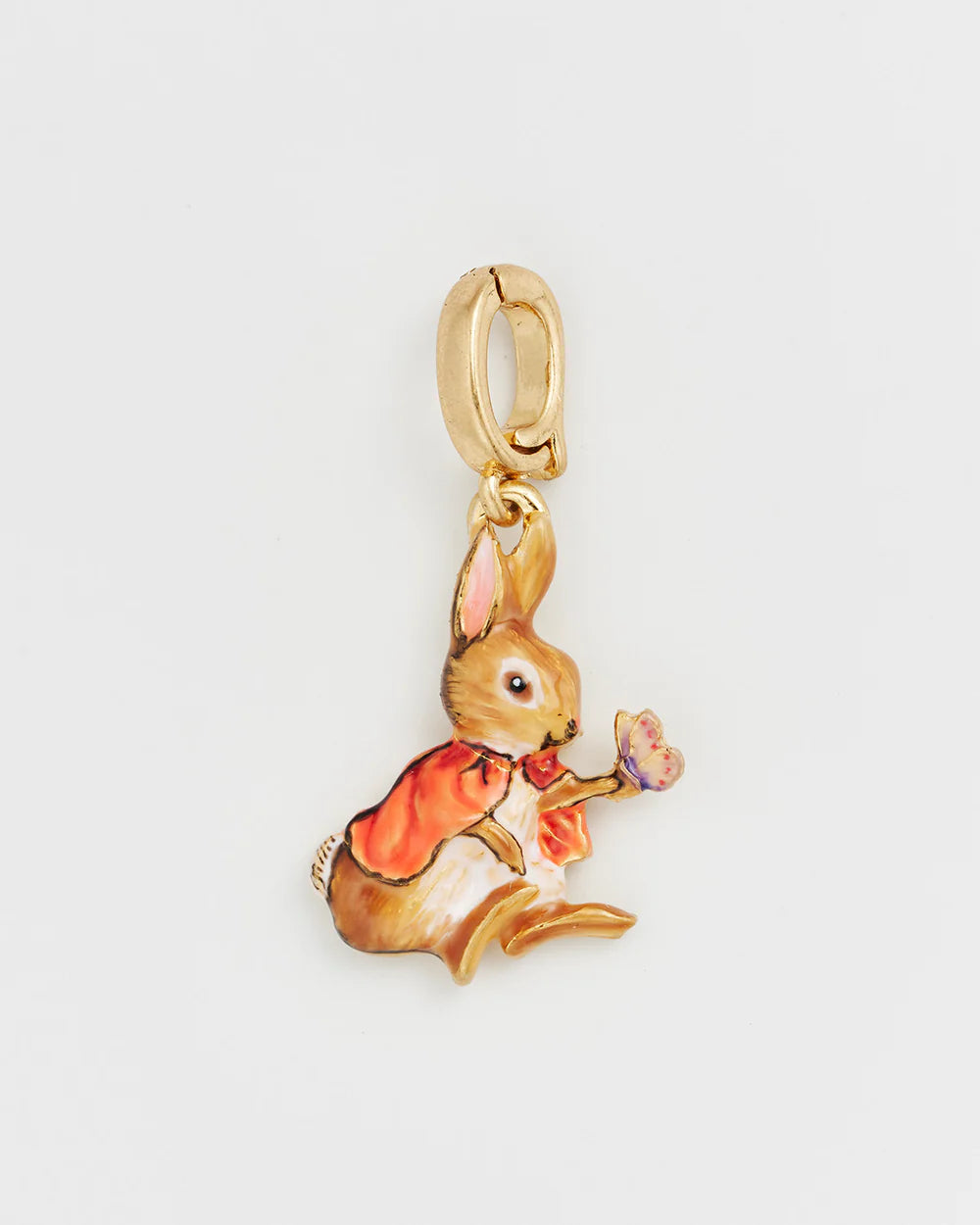 Gold rabbit charm holding a butterfly, colorful enamel finish, perfect for jewelry or accessories.