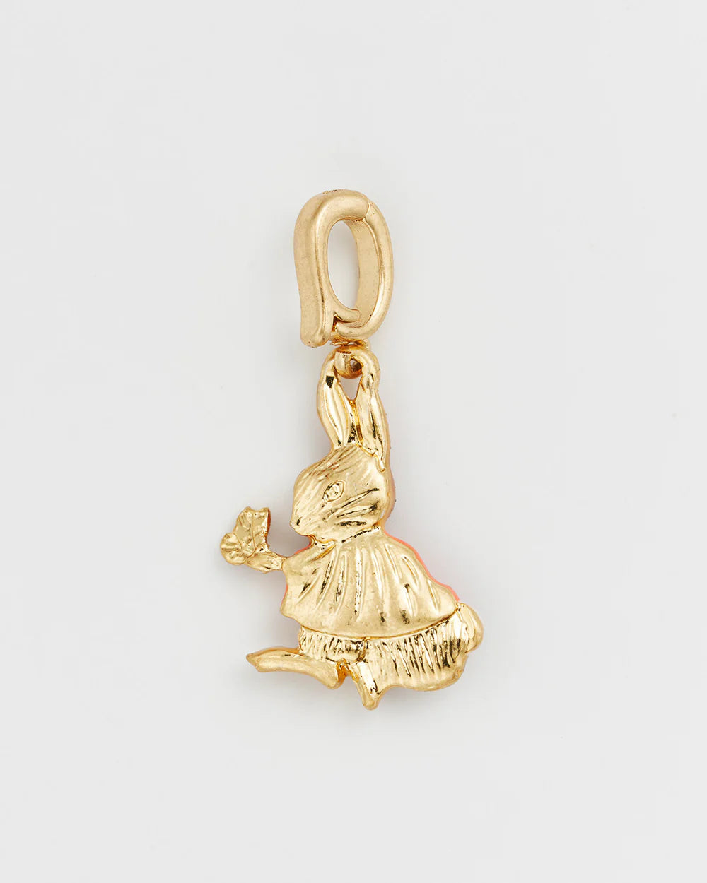 Gold rabbit charm with a flower, perfect for necklaces or bracelets, showcasing a whimsical design.