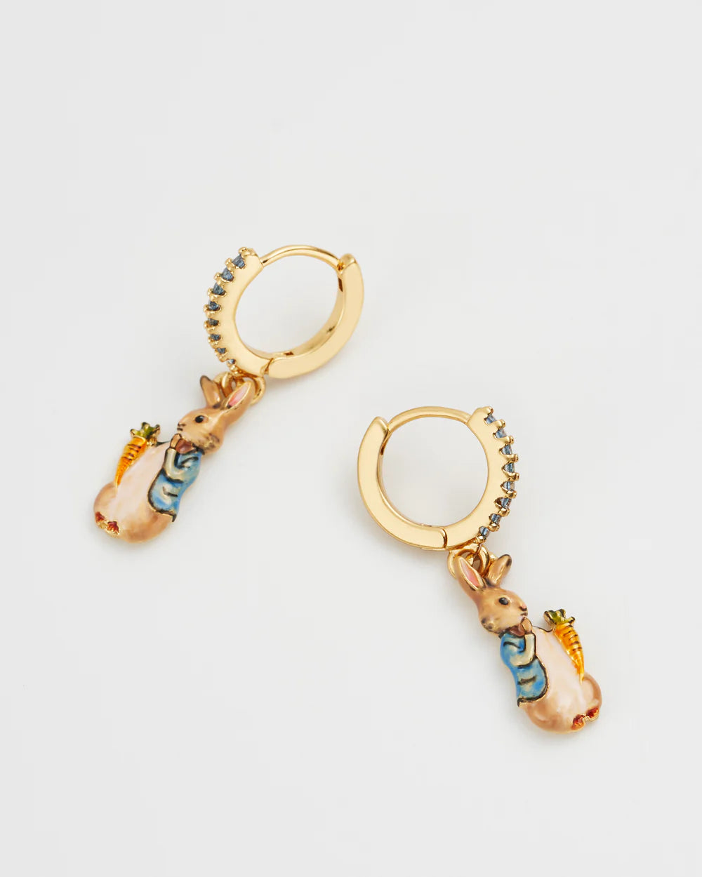 Gold hoop earrings with colorful rabbit and carrot charm, featuring sparkling accents.