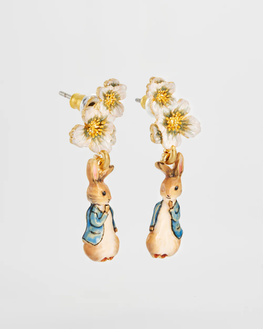 Charming Peter Rabbit earrings with floral design, ceramic material, and colorful details.