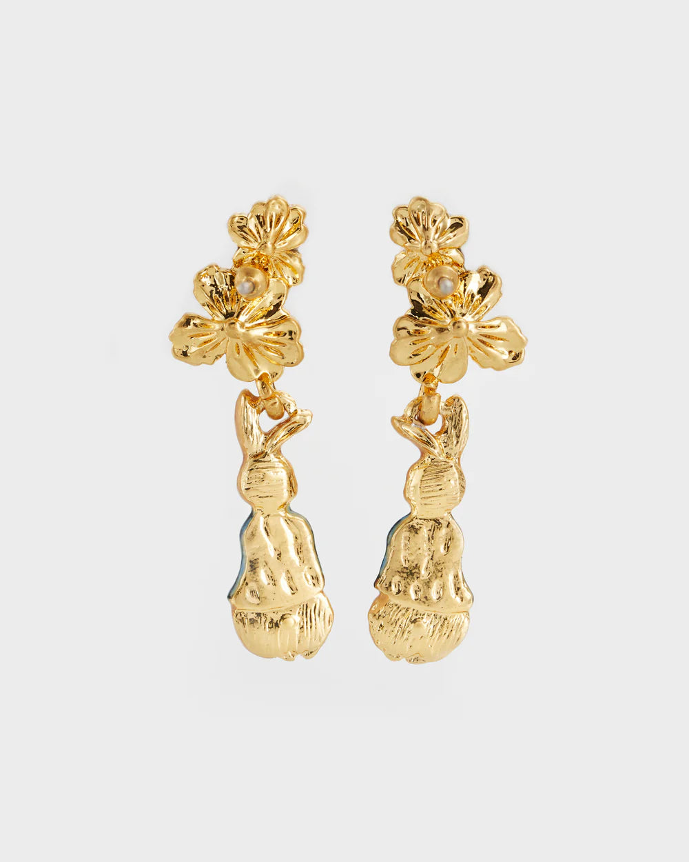 Gold drop earrings featuring floral design and rabbit charms, accented with pearls.