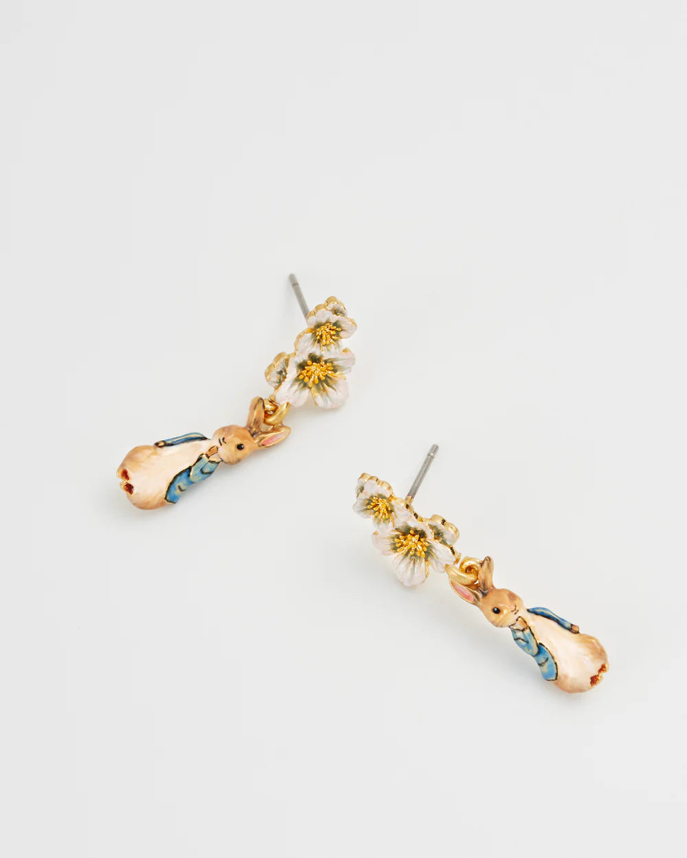 Cute rabbit and flower stud earrings in gold-tone with enamel finish, perfect for spring outfits.