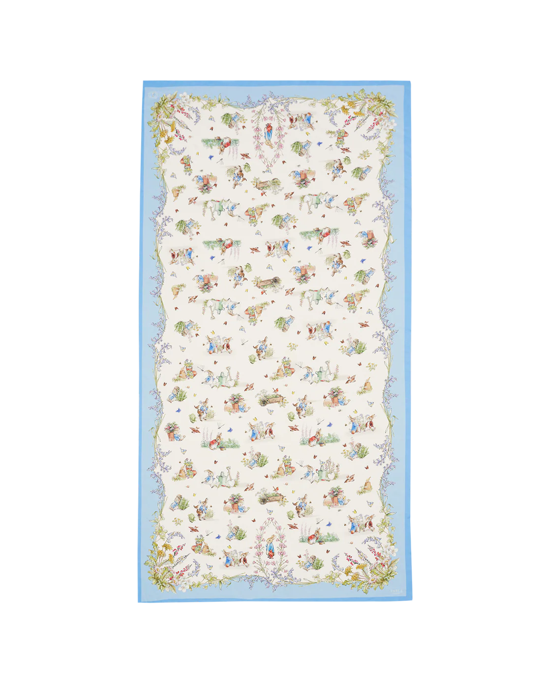 Floral patterned tablecloth with blue borders, featuring colorful illustrations on a white background.