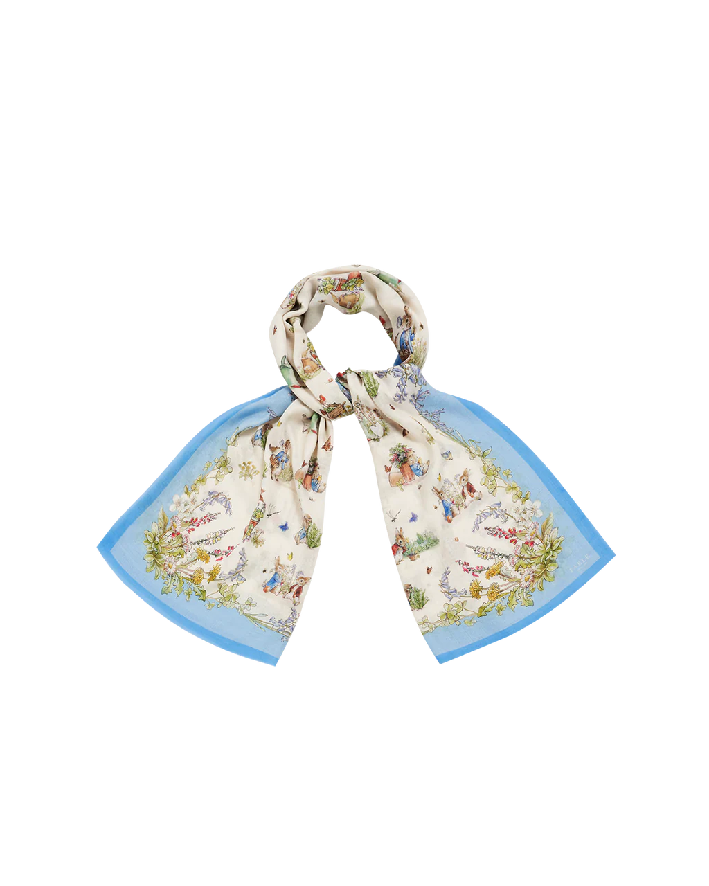 Elegant silk scarf with floral and whimsical animal print, cream and blue color scheme, perfect for styling.